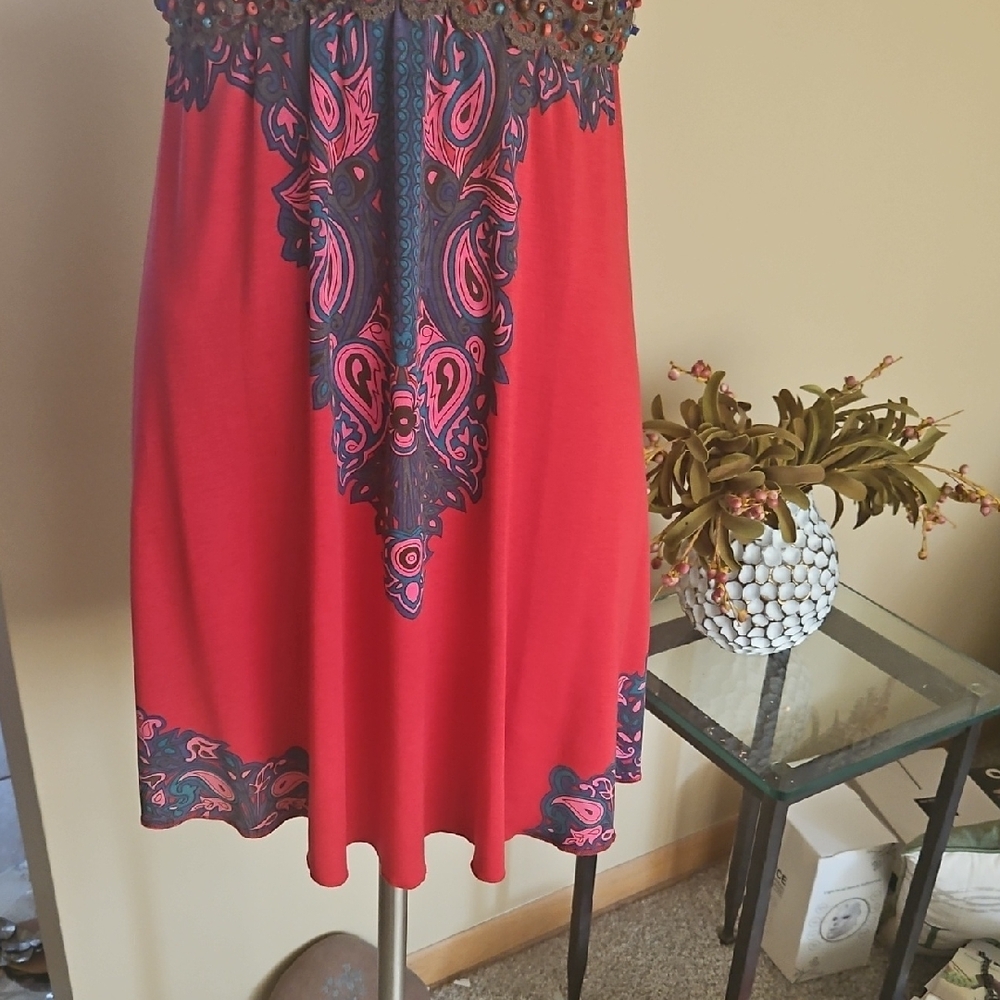BEAUTIFUL FREE PEOPLE RED, PINK, AND BROWN BEADED TUNIC OR DRESS. NWOT. - Picture 15 of 16